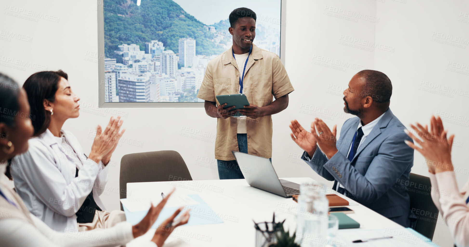 Buy stock photo Medical student, applause and presentation with tablet in office, research or smile with case study. Healthcare, team and happy people with technology, clapping and treatment plan on web in meeting