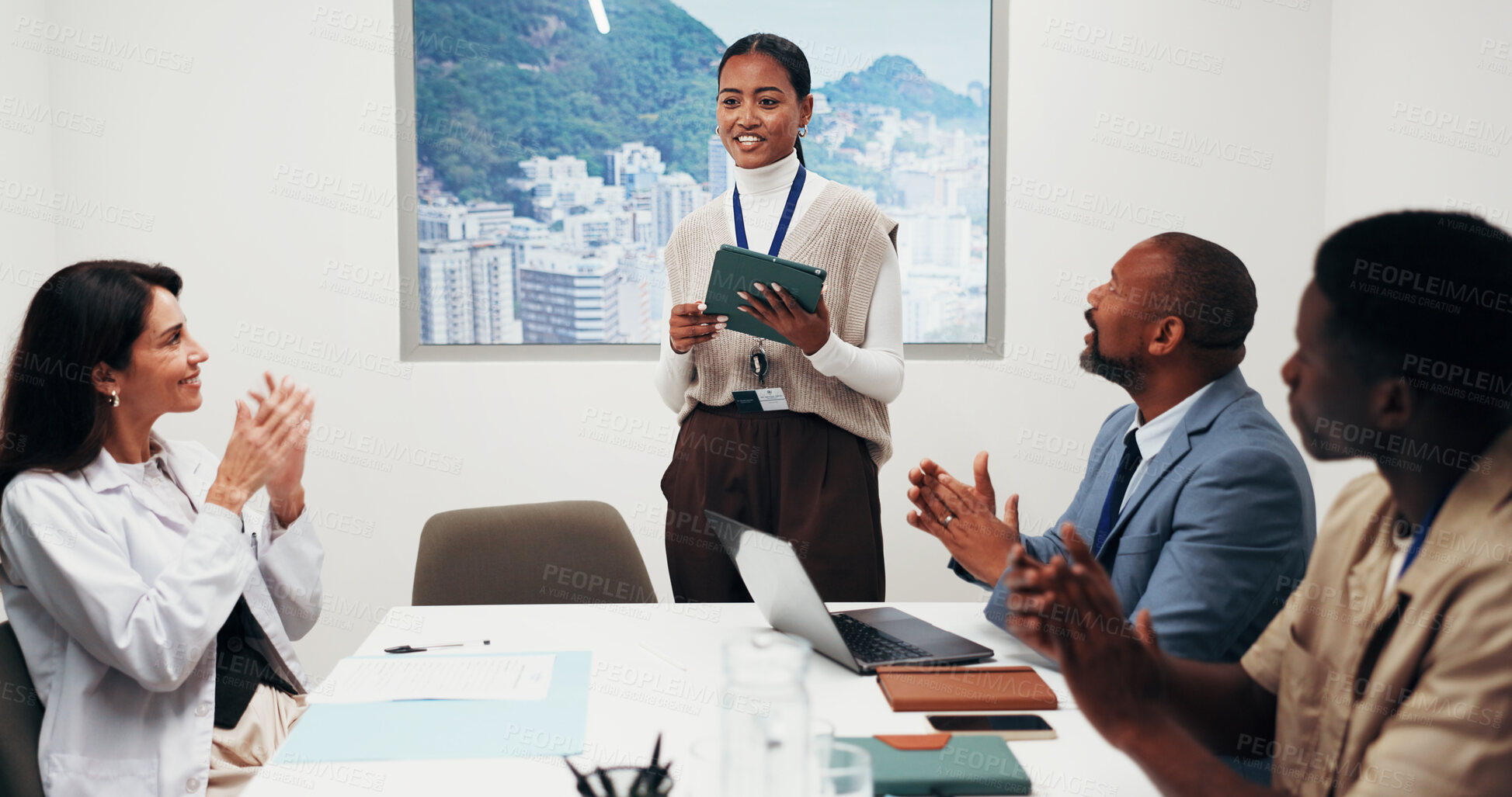 Buy stock photo Medical student, applause and presentation with tablet in clinic, success and smile with case study. Healthcare, team and happy people with tech, clapping and celebration for treatment plan in office