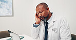 Doctor, headache and black man with laptop in office for mental health, deadline or medical failure. Male person, healthcare worker or stress with migraine on computer for pressure, strain or mistake