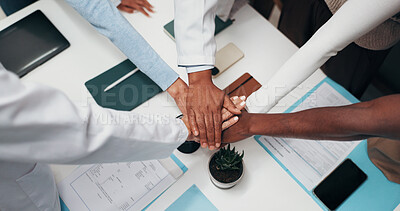 Buy stock photo People, diversity and meeting with hands together for medical mission, teamwork or unity in office. Top view, group or healthcare workers piling with stack in solidarity for community health campaign
