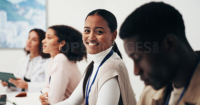 Buy stock photo Medical, team or woman in office with portrait, hospital lead or pride as clinical administrator. Happy, meeting or coordinator with about us, operations manager or confidence in healthcare service.