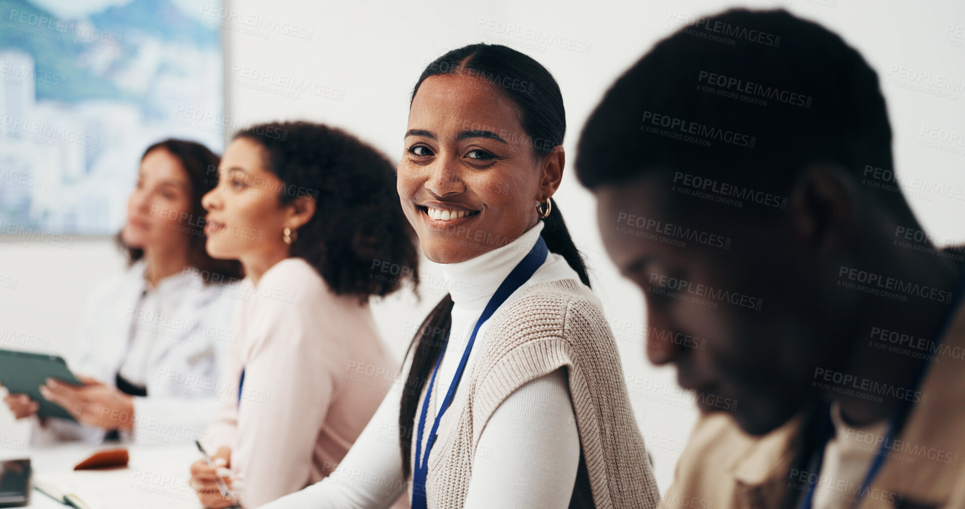 Buy stock photo Medical, team or woman in office with portrait, hospital lead or pride as clinical administrator. Happy, meeting or coordinator with about us, operations manager or confidence in healthcare service.
