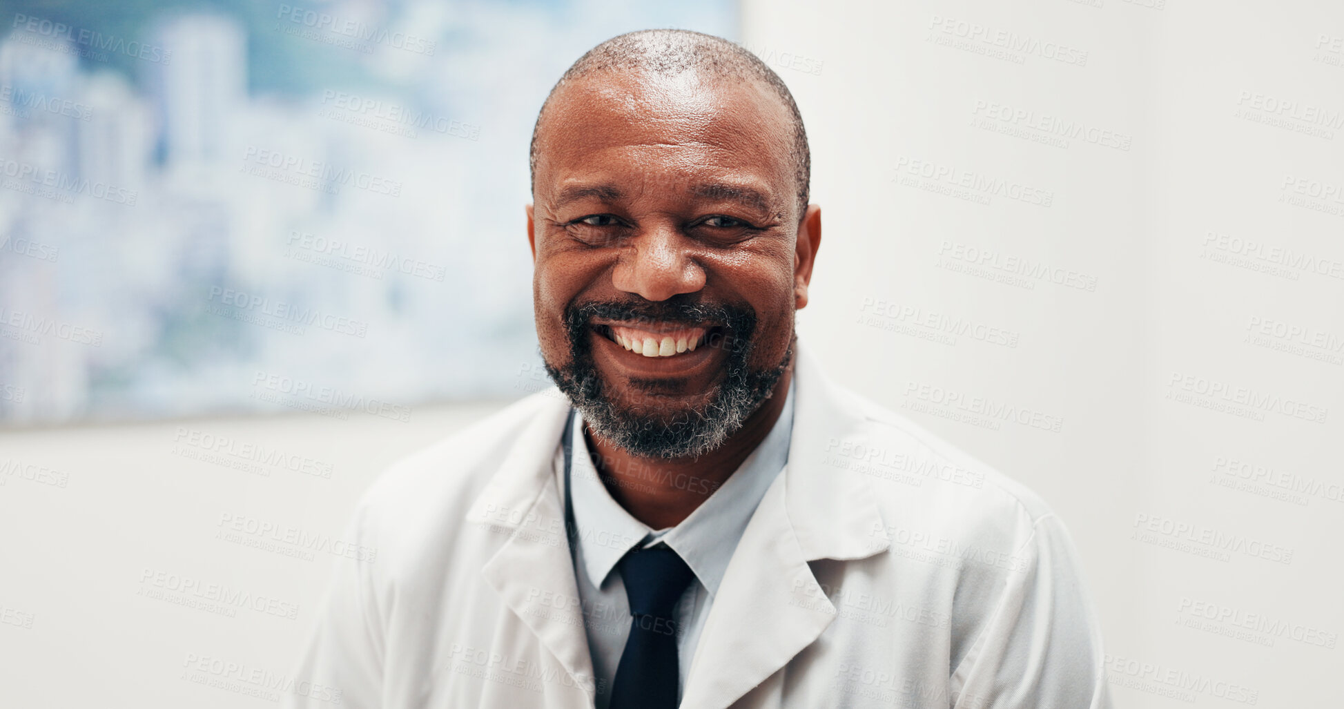 Buy stock photo Healthcare, doctor and black man in clinic with smile, wellness service and career experience. Mature person, medical expert and happy professional in hospital with integrity, portrait and confidence