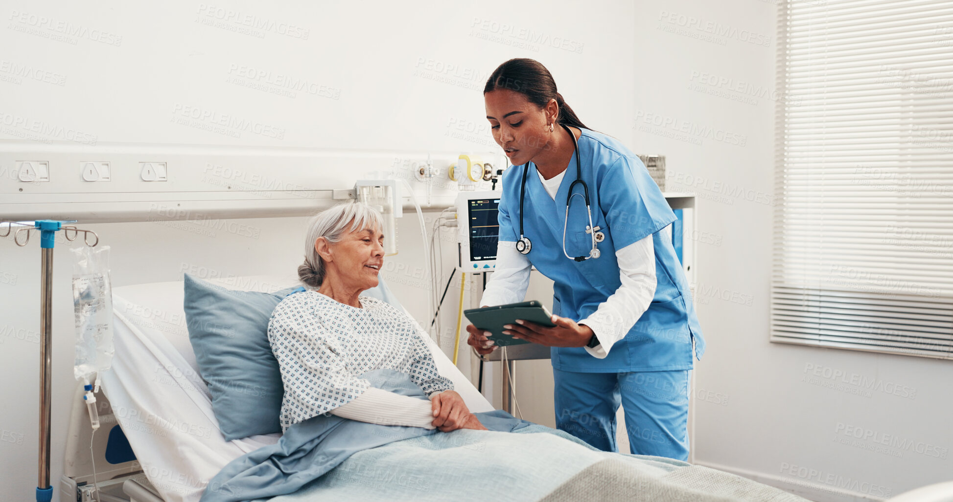 Buy stock photo Tablet, nurse and old woman in hospital bed for medical recovery, checkup info or wellness. Tech, senior patient or talk with healthcare worker in ward for healing assessment, smile or health results
