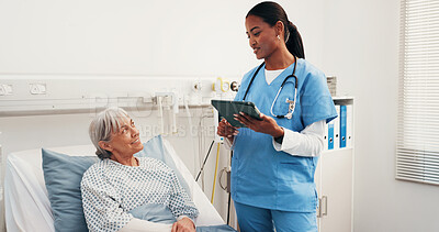 Buy stock photo Tablet, nurse or old woman in hospital bed for healthcare visit, recovery checkup or wellness. Tech, senior patient or talk with medical worker in ward for healing assessment, smile or health results