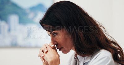 Buy stock photo Thinking, doctor and woman in clinic with healthcare planning, problem solving or decision. Hospital, contemplating and serious mature person with medical insight, vision and wellness solution