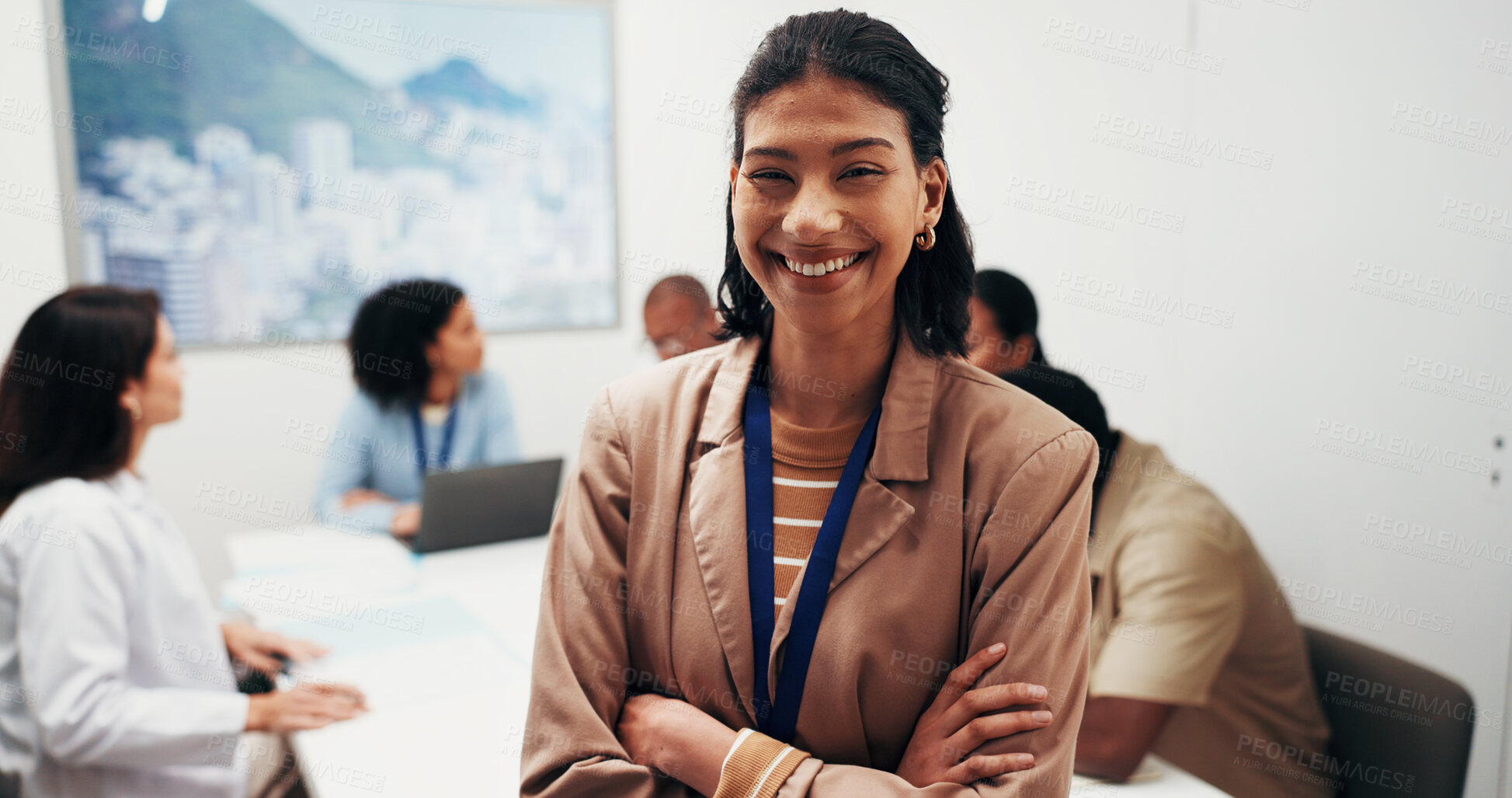 Buy stock photo Medical, portrait and woman in office with arms crossed, hospital lead and pride as administrator. Happy, meeting and coordinator with about us, operations manager or confidence in healthcare service