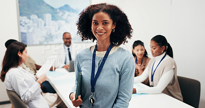 Buy stock photo Medical, meeting or manager in office with portrait, hospital lead or pride as clinic administrator. Happy, team or coordinator with about us, operations director or confidence in healthcare service.