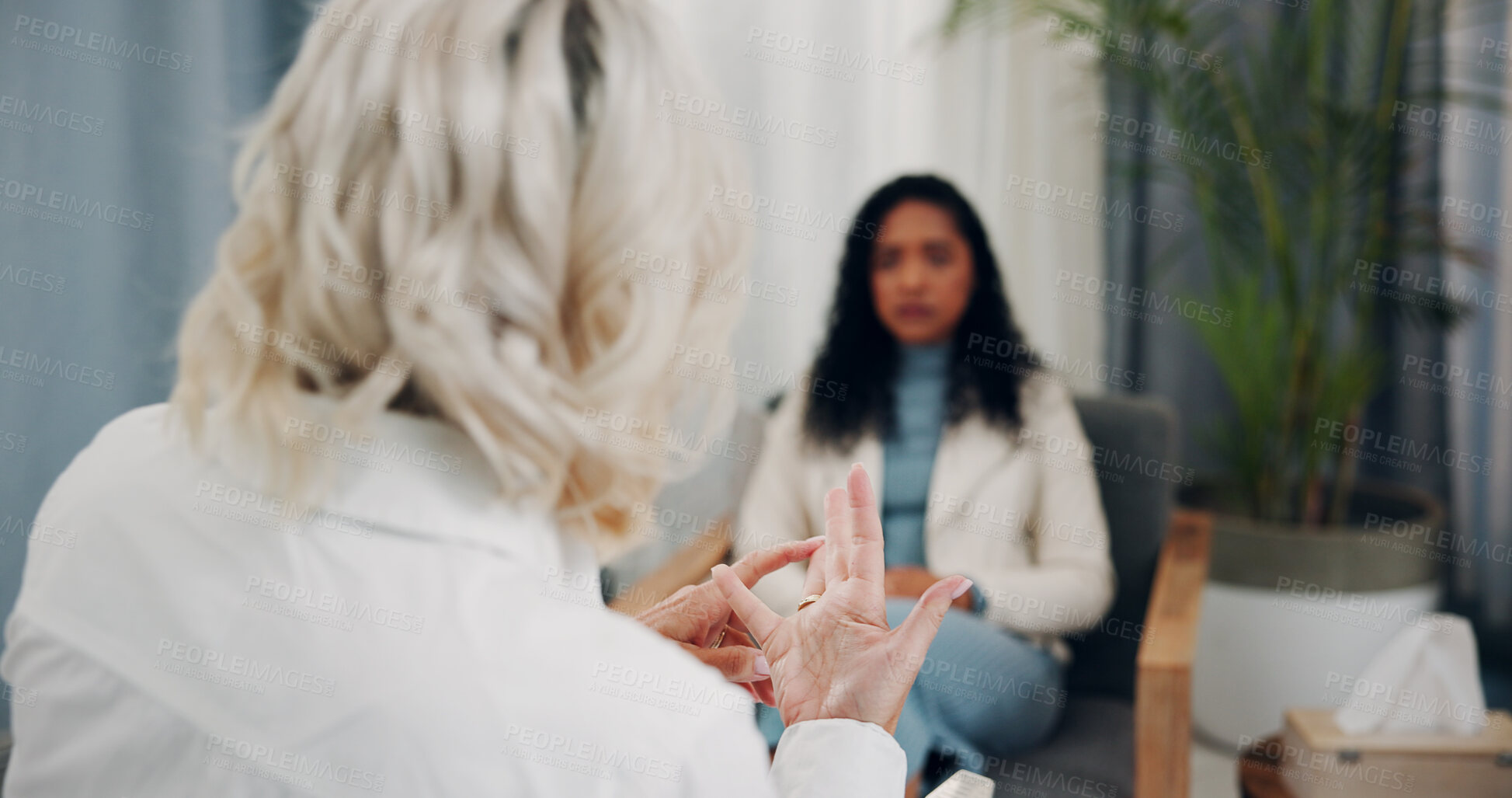 Buy stock photo Psychologist, talk or women in clinic for counseling, trauma support or advice on coping strategy. Mental health, doctor or CBT session for emotional regulation, problem solving or anxiety management