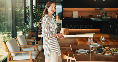 Buy stock photo Portrait, woman and hosting lunch in home with smile, weekend break and pride for dining table setup. Happy, mature person and preparation in house with food, afternoon meal and waiting for guest.