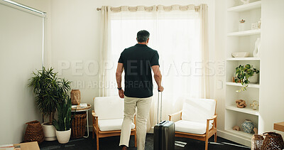 Buy stock photo Window, curtain and man with travel suitcase in hotel for holiday getaway or vacation trip. Back of person, relax or accommodation with luggage for weekend or morning stay in luxury bedroom or resort