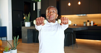 Buy stock photo Fitness, dumbbells or elderly woman in home for muscle growth, osteoporosis prevention or portrait. Weightlifting, black person or raises for health, strength or increase bone density in retirement