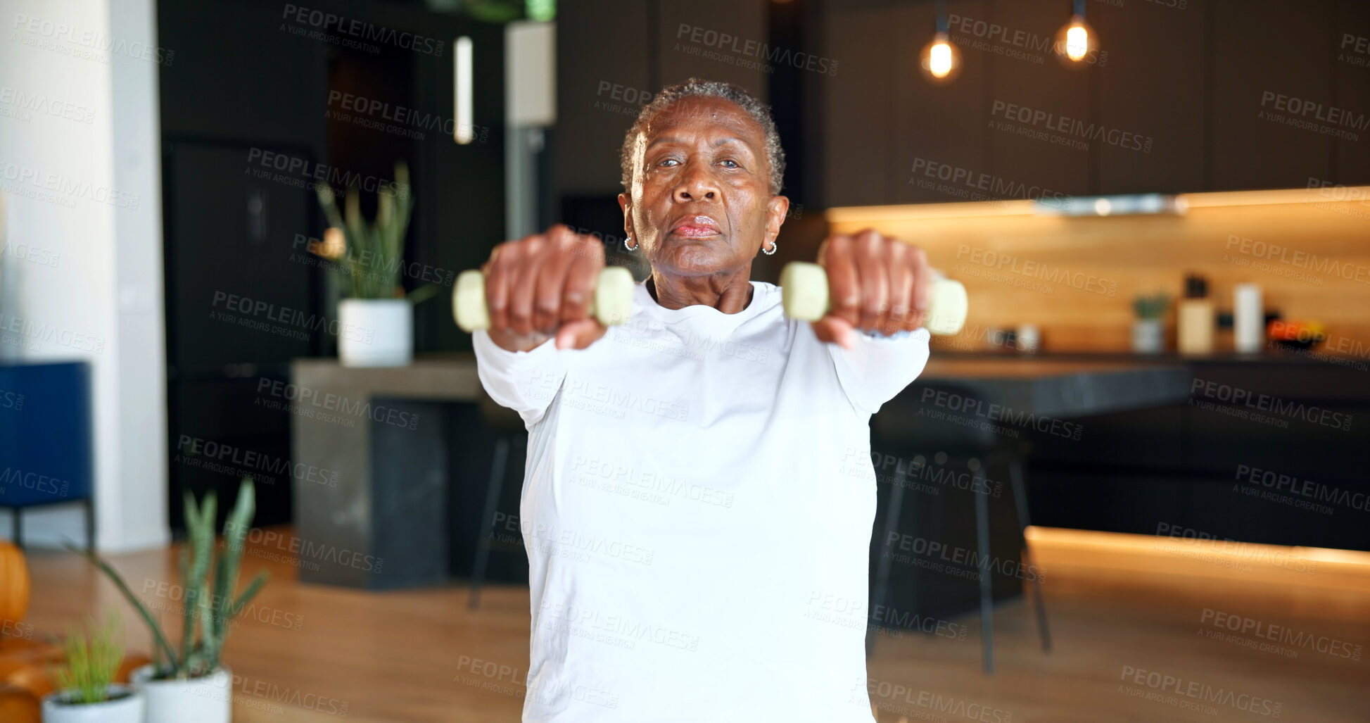 Buy stock photo Fitness, dumbbells or elderly woman in home for muscle growth, osteoporosis prevention or portrait. Weightlifting, black person or raises for health, strength or increase bone density in retirement