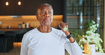 Buy stock photo Exercise, dumbbells and elderly woman in house for muscle growth, osteoporosis prevention or health. Weightlifting, black person and training for wellness, strength development or retirement fitness