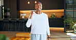 Training, dumbbells and elderly woman in home for muscle growth, osteoporosis prevention or smile. Weightlifting, black person and fitness for health, strength or increase bone density in retirement