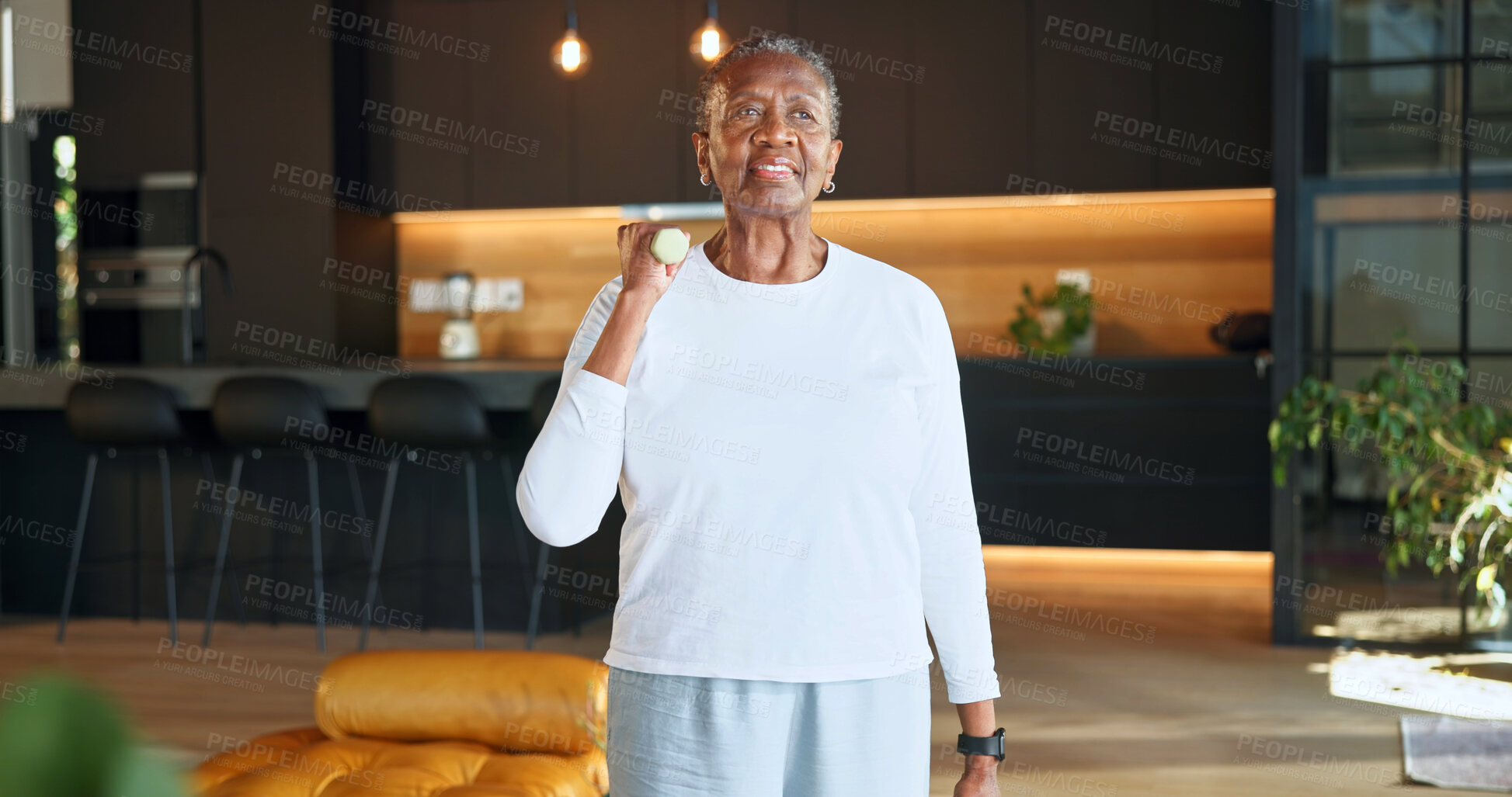 Buy stock photo Training, dumbbells and elderly woman in home for muscle growth, osteoporosis prevention or smile. Weightlifting, black person and fitness for health, strength or increase bone density in retirement