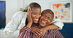 Love, old mother and woman in house with hug, safety and quality time in happy relationship. Smile, black family or adult daughter with senior parent, security and bonding embrace with connection.