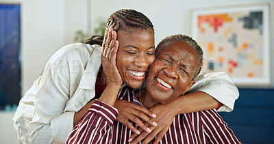 Buy stock photo Love, old mother and woman in house with hug, safety and quality time in happy relationship. Smile, black family or adult daughter with senior parent, security and bonding embrace with connection.