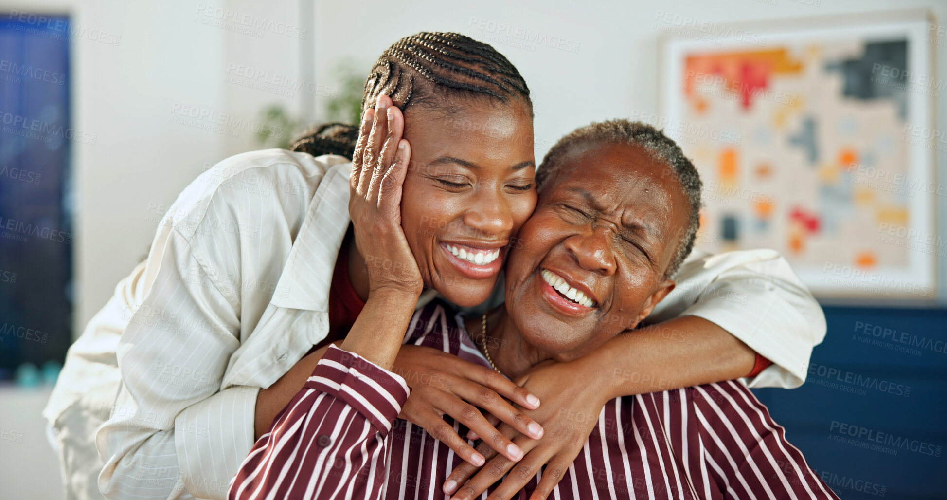 Buy stock photo Love, old mother and woman in house with hug, safety and quality time in happy relationship. Smile, black family or adult daughter with senior parent, security and bonding embrace with connection.
