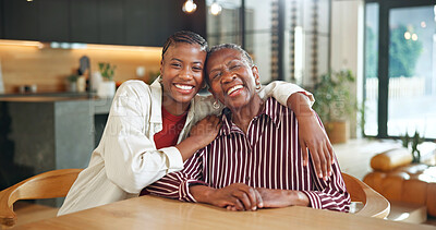 Buy stock photo Love, senior mother or woman in lounge with portrait, security or quality time in happy relationship. Smile, black family or adult daughter with elderly mom, connection or bonding embrace in home.