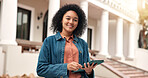 Education, portrait and woman with tablet, outdoor and student with smile for scholarship on campus. University, knowledge and happy person with tech, online or confident with research for assignment