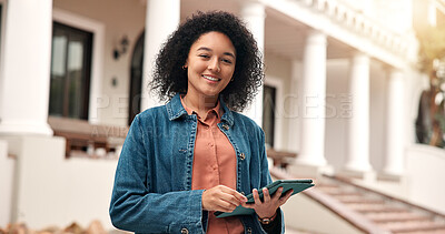 Buy stock photo Education, portrait and woman with tablet, outdoor and student with smile for scholarship on campus. University, knowledge and happy person with tech, online or confident with research for assignment