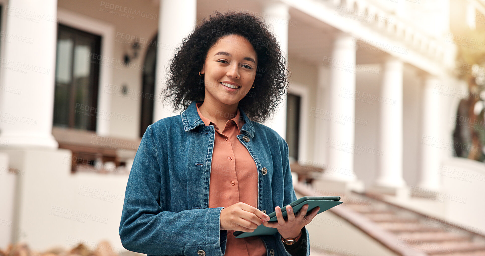 Buy stock photo Education, portrait and woman with tablet, outdoor and student with smile for scholarship on campus. University, knowledge and happy person with tech, online or confident with research for assignment