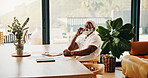 Phone call, advice and smile with old man in home for banking update, account review and contact. Communication, retirement budget and audit balance with African person in house for finance planning