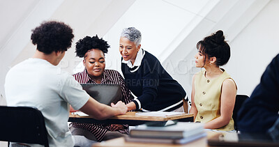 Buy stock photo Teacher, help and people in class with laptop, research and academic curriculum for exam revision. Mature woman, teaching or students at campus with pc, online lesson and video guidance for education