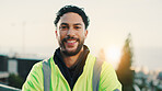 Construction worker, portrait and man with pride, outdoor or smile for property development on site. Confident, laborer and happy person in city, real estate and builder with renovation project