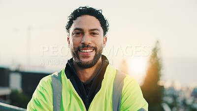 Buy stock photo Construction worker, portrait and man with pride, outdoor or smile for property development on site. Confident, laborer and happy person in city, real estate and builder with renovation project