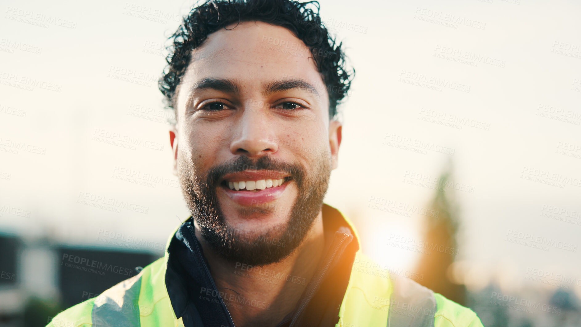 Buy stock photo Portrait, man and construction worker outdoor with smile, pride and experience for building project. Happy, male person and builder on site for property development, maintenance and industrial work.