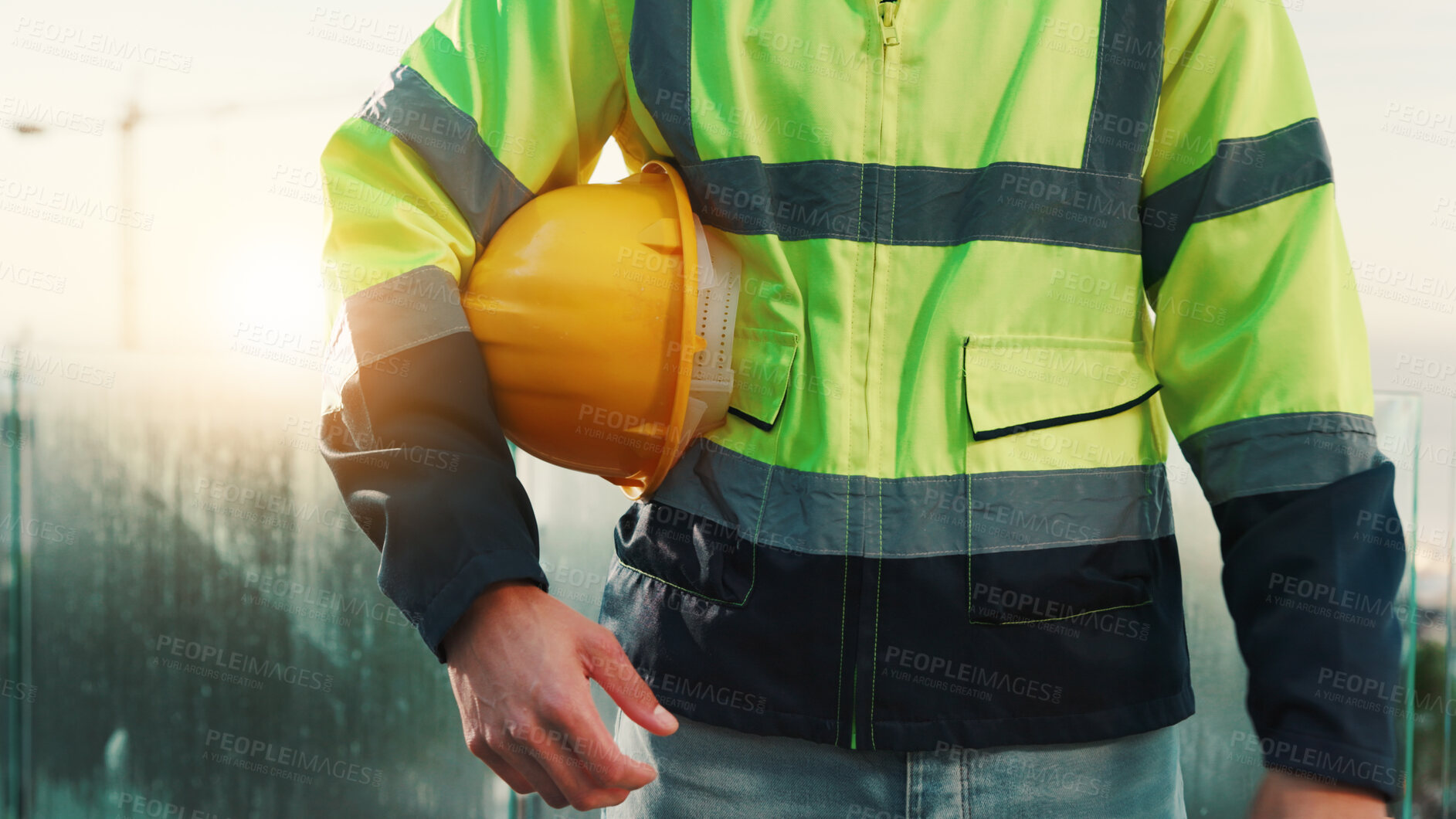 Buy stock photo Man, hands and builder on balcony with helmet, accident prevention or safety compliance for project. Construction worker, person and hard hat outdoor for building site protection, rules and PPE.