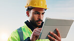 Man, tablet and construction worker outdoor with PPE, check project schedule or AI for CAD rendering. Builder, person and scroll with tech for property development, research and plan for renovation.