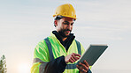 Man, engineer and outdoor with tablet for planning, building news and update schedule at space. Worker, tech and connectivity on worksite for design feedback, review or reading compliance regulations