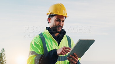 Buy stock photo Man, engineer and outdoor with tablet for planning, building news and update schedule at space. Worker, tech and connectivity on worksite for design feedback, review or reading compliance regulations