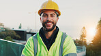 Construction worker, portrait and man with helmet, outdoor or pride for property development on site. Confident, laborer and happy person with hardhat, real estate and builder with renovation project