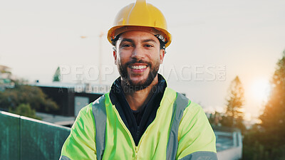 Buy stock photo Construction worker, portrait and man with helmet, outdoor or pride for property development on site. Confident, laborer and happy person with hardhat, real estate and builder with renovation project