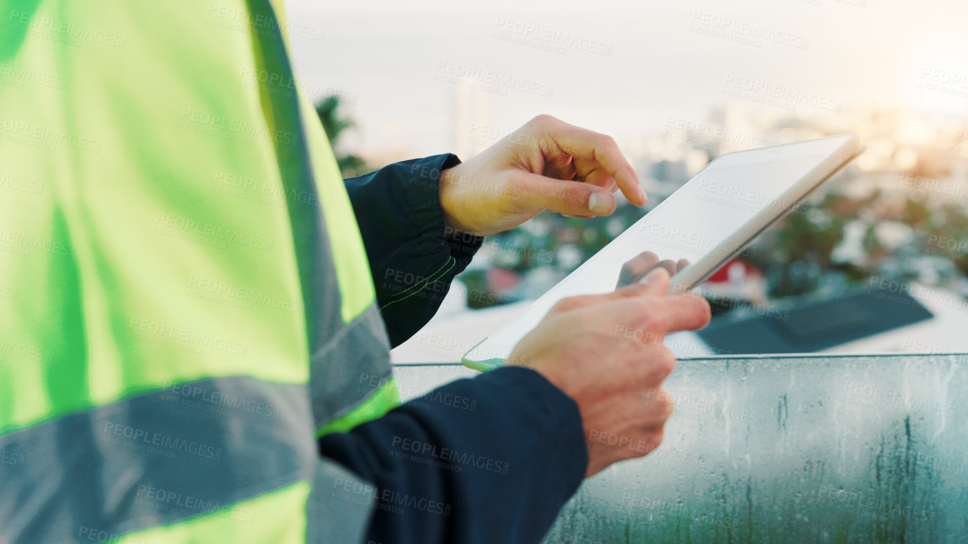 Buy stock photo Construction worker, online and hands with tablet, outdoor or research for renovation project on app. Property development, info and person with tech on building site, scroll and update on website