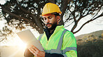 Man, tablet and construction worker outdoor with helmet, research and download AI for CAD rendering. Builder, person and scroll in nature with tech, planning and innovation for property development.