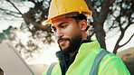 Man, tablet and builder outdoor with research, construction update and download AI for CAD rendering. Industrial worker, person and plan in nature with tech, app or innovation for building contractor