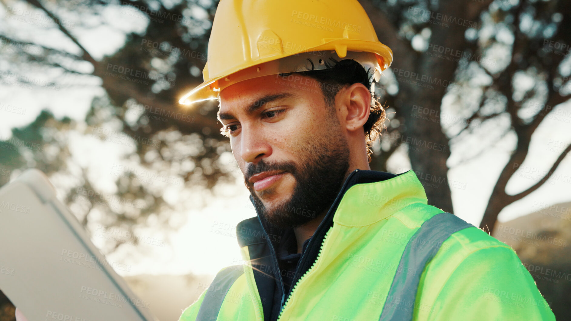 Buy stock photo Man, tablet and builder outdoor with research, construction update and download AI for CAD rendering. Industrial worker, person and plan in nature with tech, app or innovation for building contractor