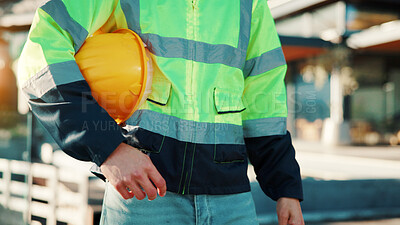 Buy stock photo Man, hands and builder with helmet for home renovation, injury prevention or safety rule for project. Construction worker, person and hard hat outdoor with reflector jacket, PPE and industrial job.