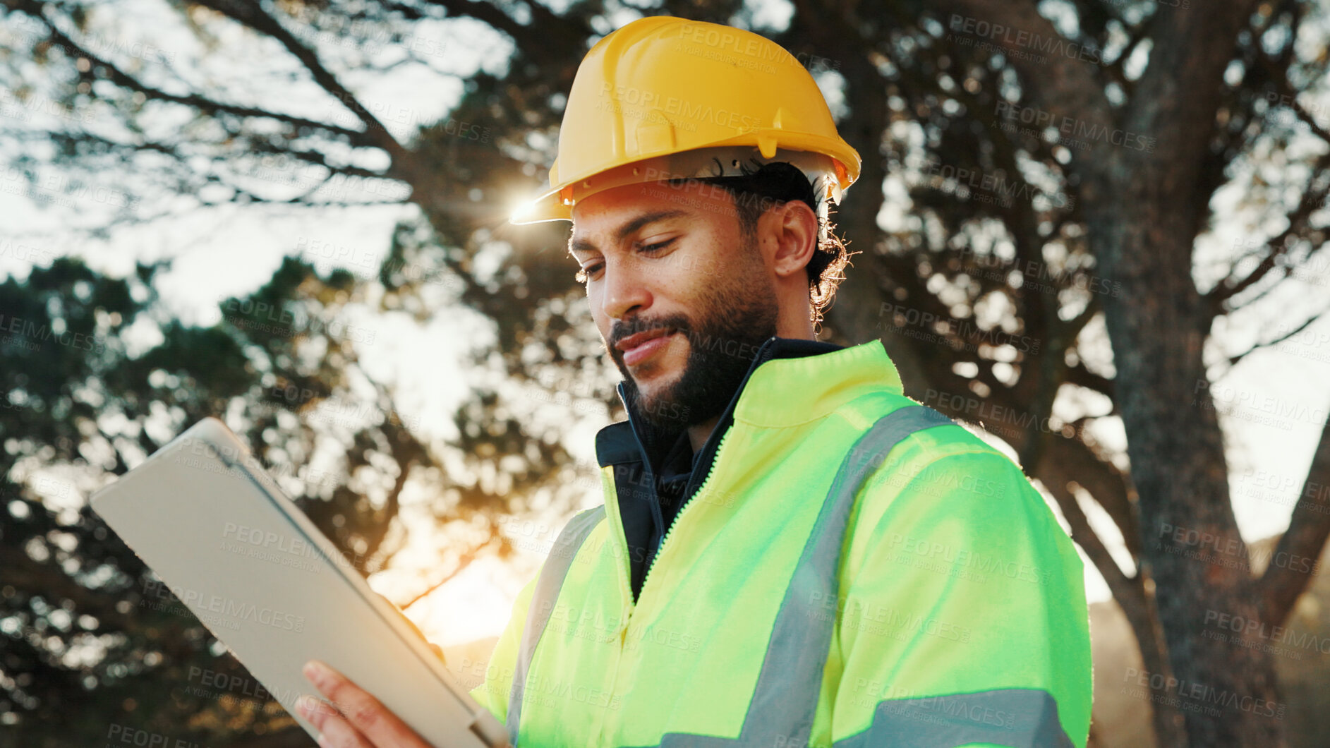 Buy stock photo Man, tablet and builder outdoor with helmet, construction update and download AI for CAD rendering. Industrial worker, person and happy in nature with tech, plan and innovation for building property.