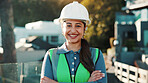 Portrait, woman and engineer at construction site with arms crossed, smile or experience for project. Happy, person and supervisor on balcony outdoor with property development, confidence and PPE.