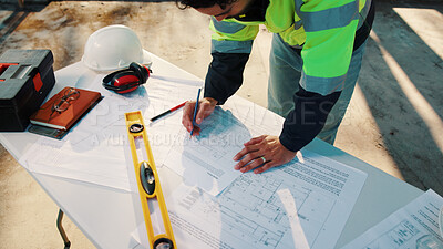 Buy stock photo Draft, construction and hands with blueprint with documents for building, tools or expansion. Architecture, infrastructure engineer or renovation with floor plan and person for property developer