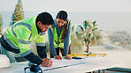 Engineer, team and drawing outdoor with blueprint, property development or work together for project. People, engineering and layout document on balcony with illustration, review and collaboration.