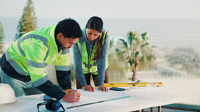 Buy stock photo Engineer, team and drawing outdoor with blueprint, property development or work together for project. People, engineering and layout document on balcony with illustration, review and collaboration.