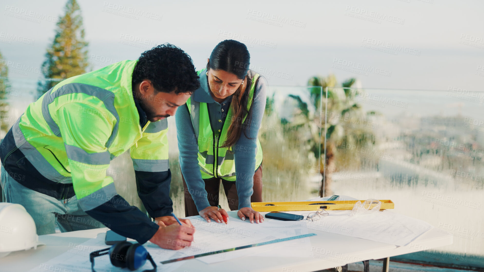 Buy stock photo Engineer, team and drawing outdoor with blueprint, property development or work together for project. People, engineering and layout document on balcony with illustration, review and collaboration.
