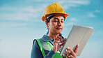 Woman, engineer and outdoor with tablet for planning, building news or update schedule at space. Worker, tech or connectivity on worksite for design feedback, review or reading compliance regulations